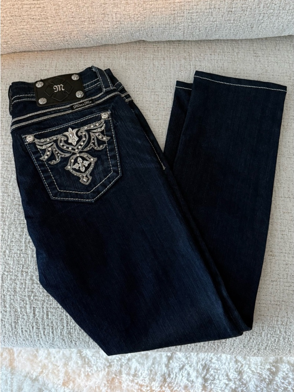 Miss Me Dark Blue Easy Skinny Cut Jeans with Embroidered Back Pockets
